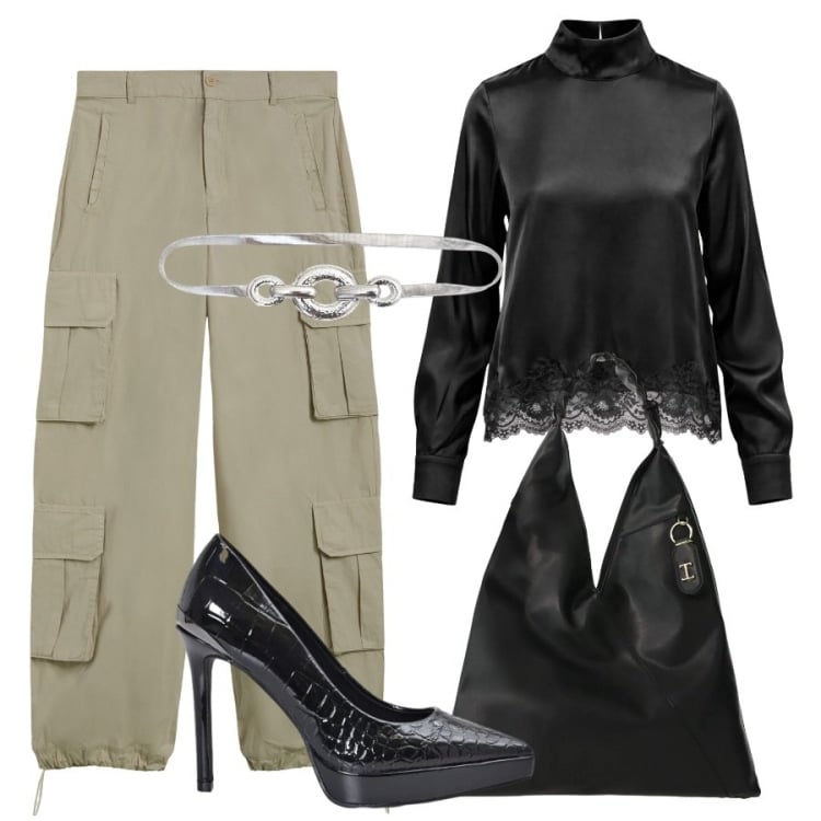 Outfit donna - Cargo chic di sera. Stile Sporty chic per Serata fuori. Abbinamento con bluse, borse a spalla, pantaloni cargo, décolleté, cinture.