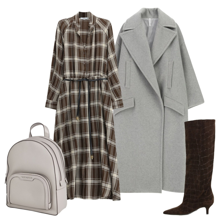 Outfit donna - Maxi coat e abito check. Stile Glamour per Ufficio. Abbinamento con cappotti, stivali, vestiti lunghi, zaini.
