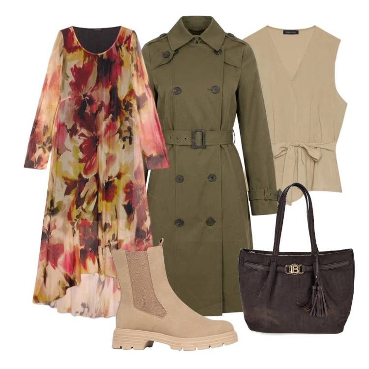 Outfit donna - Sfumature calde. Stile Boho per Tutti i giorni. Abbinamento con vestiti lunghi, gilet, trench, shopping bag, stivaletti.