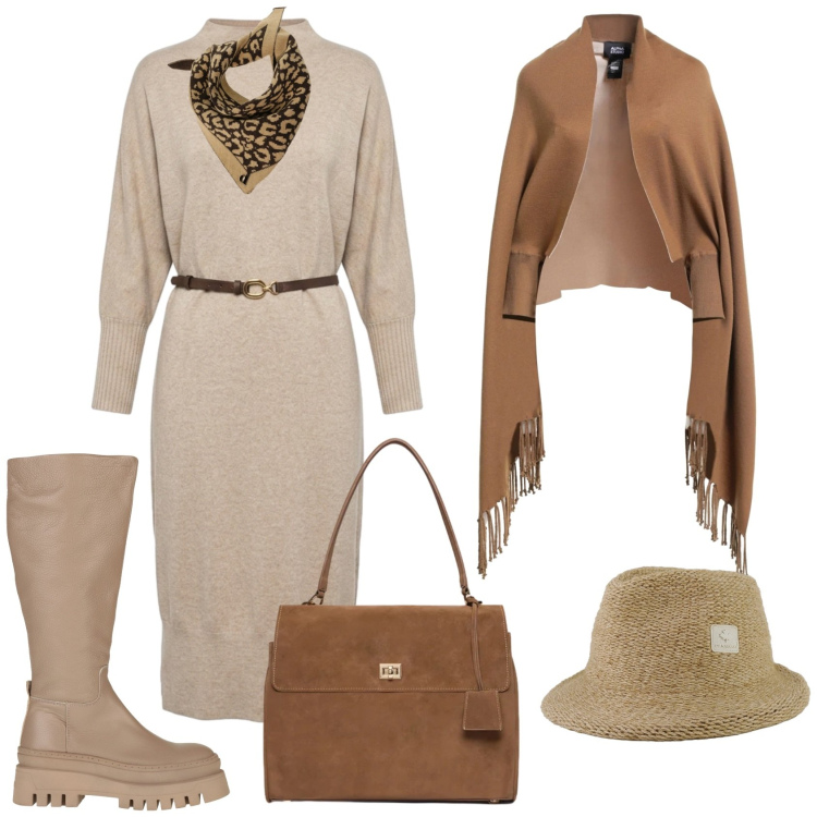 Outfit donna - Total look #2494823. Stile Casual chic per Tutti i giorni. Abbinamento con borse a mano, foulard, cappelli, vestiti midi/longuette, cappe, stivali.