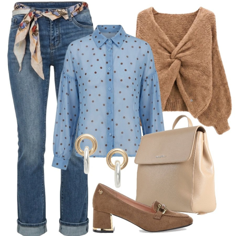 Outfit donna - Pranzo vista lago. Stile Casual chic per Tutti i giorni. Abbinamento con zaini, maglieria, camicie, jeans a zampa, orecchini, mocassini.