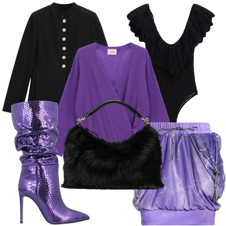 Outfit donna - Lilla su velluto nero. Stile Rock per Serata fuori. Abbinamento con blazer, body, borse a mano, cardigans, minigonne, stivali.