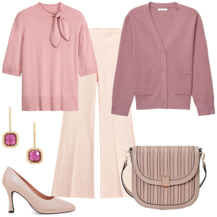 Outfit donna - Total look #2494829. Stile Casual chic per Tutti i giorni. Abbinamento con pantaloni, orecchini, borse a tracolla, cardigans, décolleté, maglieria.