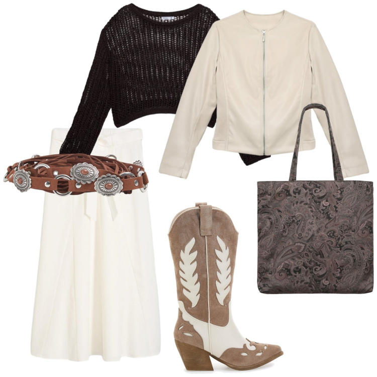 Outfit donna - Urban style. per Tutti i giorni. Abbinamento con giacche, maglieria, cinture, borse tote, gonne longuette, stivaletti texani.