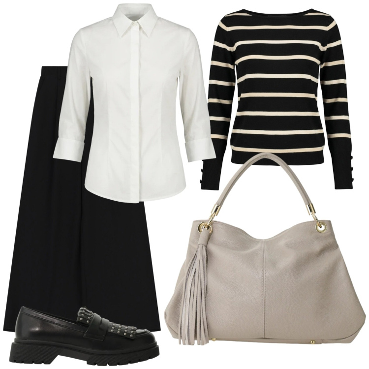 Outfit donna - Total look #2494836. Stile Urban per Tutti i giorni. Abbinamento con borse a spalla, mocassini, pantaloni a palazzo, camicie, maglieria.