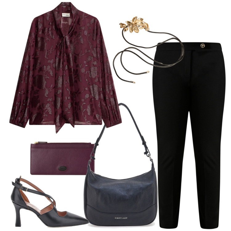 Outfit donna - Aperitivo glam - Focus Donna Curvy. Stile Glamour per Serata fuori. Abbinamento con portafogli, pantaloni skinny, cinture, bluse, décolleté, borse a tracolla.
