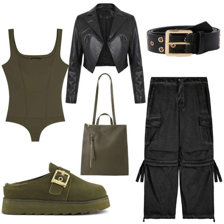 Outfit donna - Urban Olive. Stile Casual per Tutti i giorni. Abbinamento con borse a tracolla, cinture, pantaloni cargo, body, blazer, sabot.