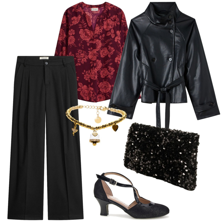 Outfit donna - Aperitivo. per Serata fuori. Abbinamento con braccialetti, pochette, giacche, décolleté, pantaloni a palazzo, bluse.