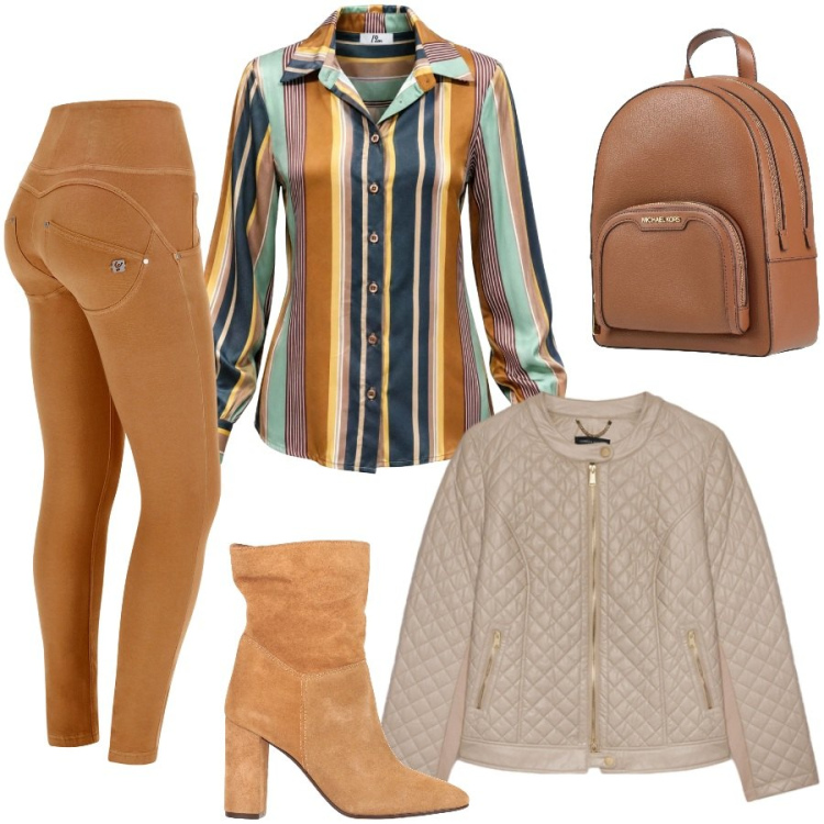 Outfit donna - Giornata di appuntamenti. Stile Casual chic per Tutti i giorni. Abbinamento con camicie, giacche, pantaloni skinny, zaini, stivaletti.