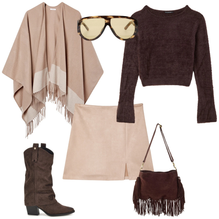 Outfit donna - Total look #2494854. Stile Urban per Tutti i giorni. Abbinamento con occhiali da sole, pullovers, minigonne, cappe, stivaletti texani, borse a tracolla.