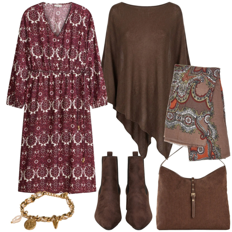 Outfit donna - Stile Boho Chic autunnale - Focus Donna. Stile Boho per Tutti i giorni. Abbinamento con stivaletti, cappotti, braccialetti, vestiti midi/longuette, shopping bag, foulard.