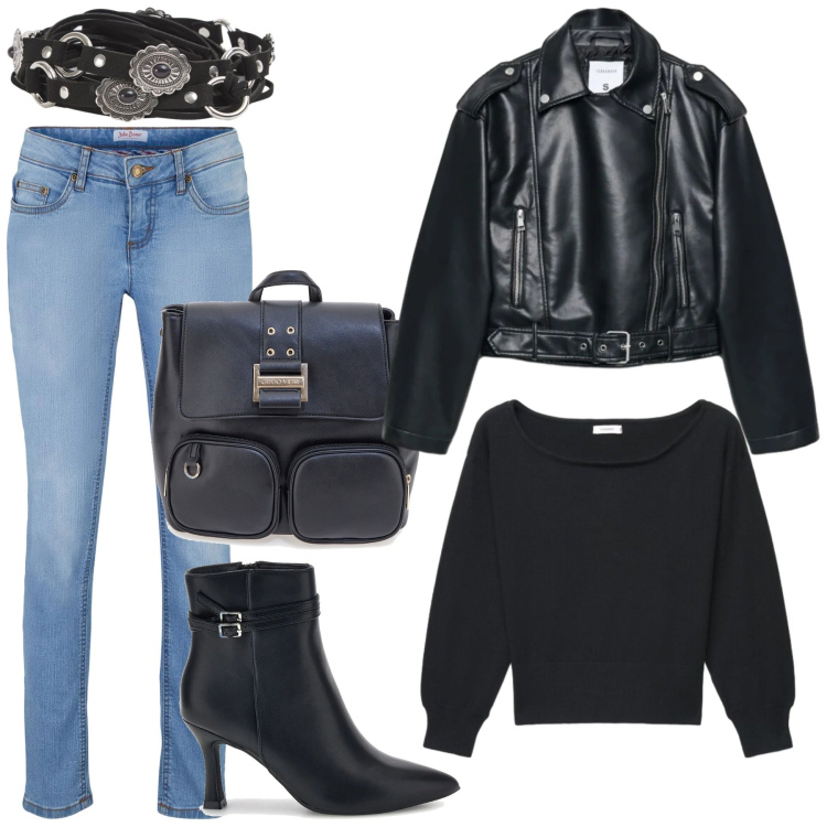 Outfit donna - Total look #2494857. Stile Urban per Ufficio. Abbinamento con maglieria, cinture, giacche, jeans skinny, zaini, stivaletti.