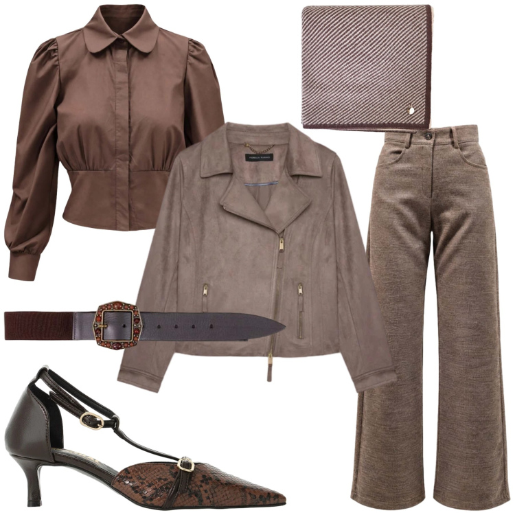Outfit donna - Casual brown. Stile Casual per Tutti i giorni. Abbinamento con pantaloni, camicie, cinture, décolleté, giacche, sciarpe.