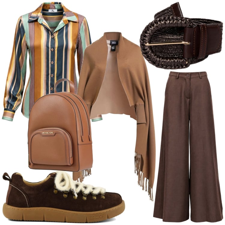 Outfit donna - Colorata e caotica. Stile Casual per Tutti i giorni. Abbinamento con pantaloni a palazzo, camicie, cinture, cappe, zaini, sneakers.