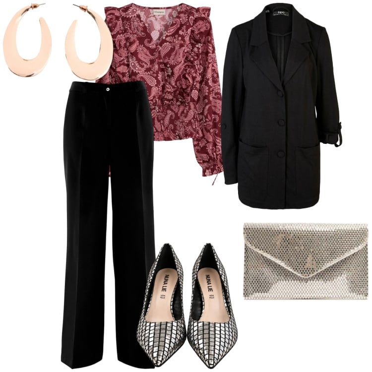 Outfit donna - Aperitivo glam. per Serata fuori. Abbinamento con pochette, décolleté, bluse, pantaloni, blazer, orecchini.