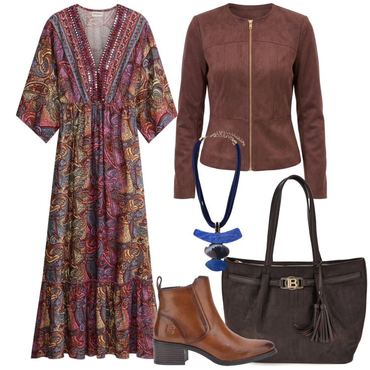 Outfit donna - Stile Boho Chic autunnale - Focus Donna. Stile Boho per Tutti i giorni. Abbinamento con ciondoli, blazer, stivaletti, vestiti lunghi, shopping bag.
