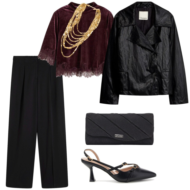 Outfit donna - Aperitivo glam. per Serata fuori. Abbinamento con collane, bluse, blazer, pantaloni a palazzo, décolleté, pochette.