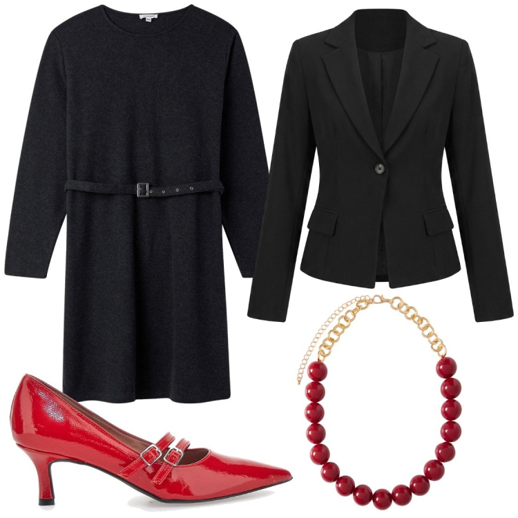 Outfit donna - Scarpe rosse. Stile Chic per Serata fuori. Abbinamento con collane, blazer, vestiti corti, décolleté.
