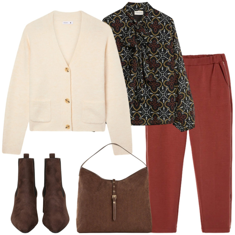 Outfit donna - Per mostre. Stile Casual chic per Tutti i giorni. Abbinamento con cardigans, pantaloni, stivaletti, bluse, shopping bag.