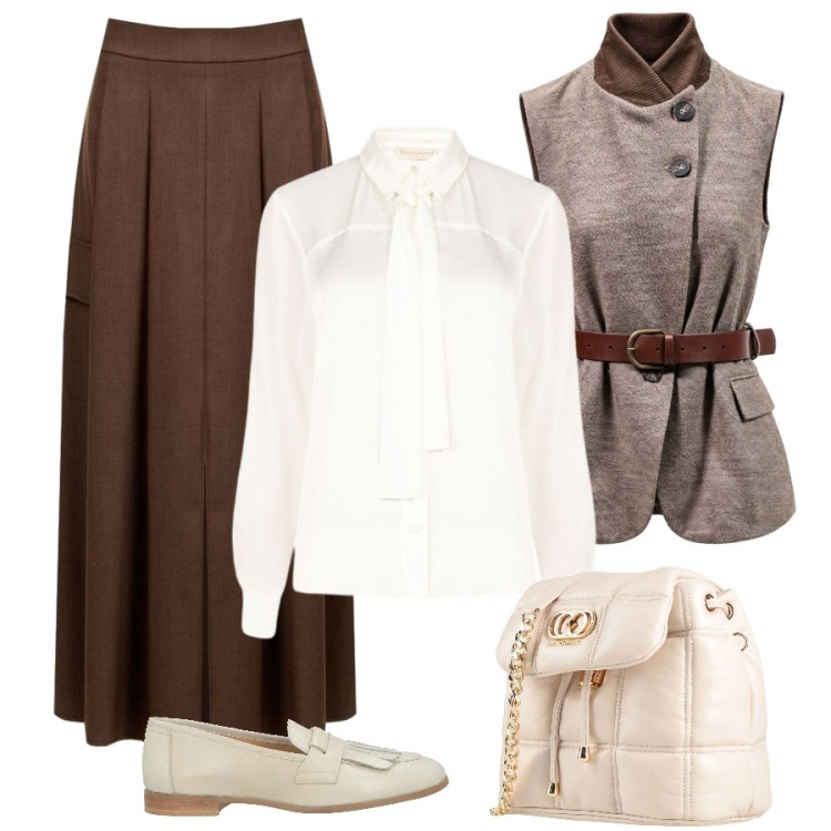 Outfit donna - Gonna e mocassini. Stile Trendy per Ufficio. Abbinamento con gilet, camicie, gonne lunghe, valigie, mocassini.