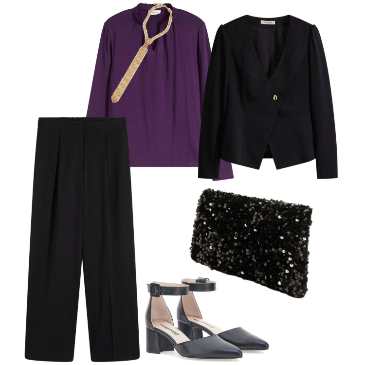 Outfit donna - Aperitivo glam. per Serata fuori. Abbinamento con collane, pochette, décolleté, bluse, blazer, pantaloni a palazzo.
