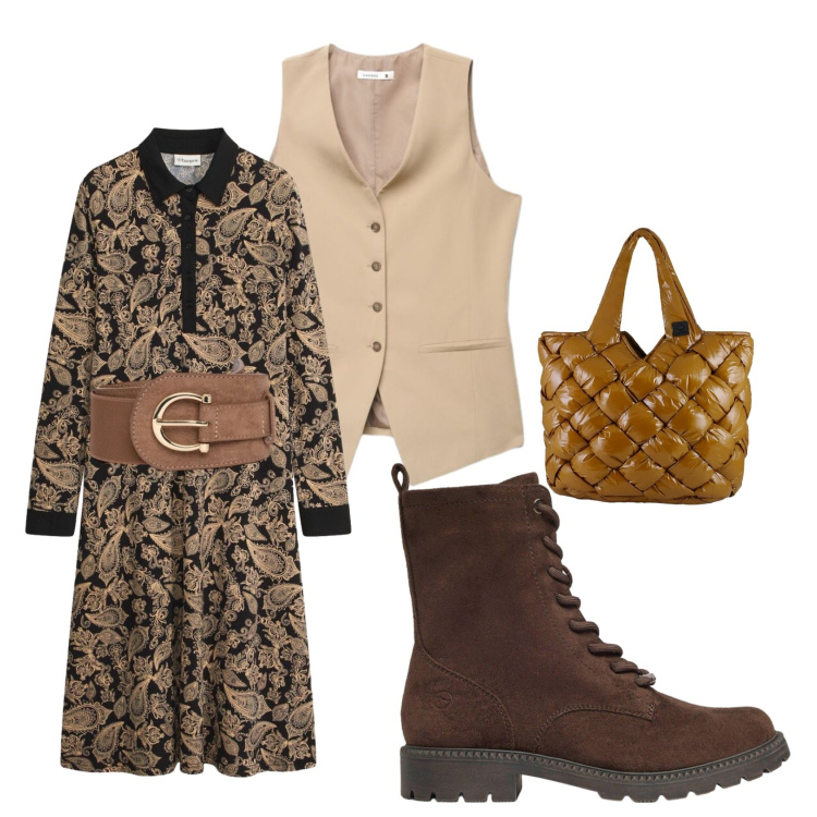 Outfit donna - Total look #2494897. Stile Boho per Tutti i giorni. Abbinamento con cinture, borse tote, gilet, anfibi, vestiti.