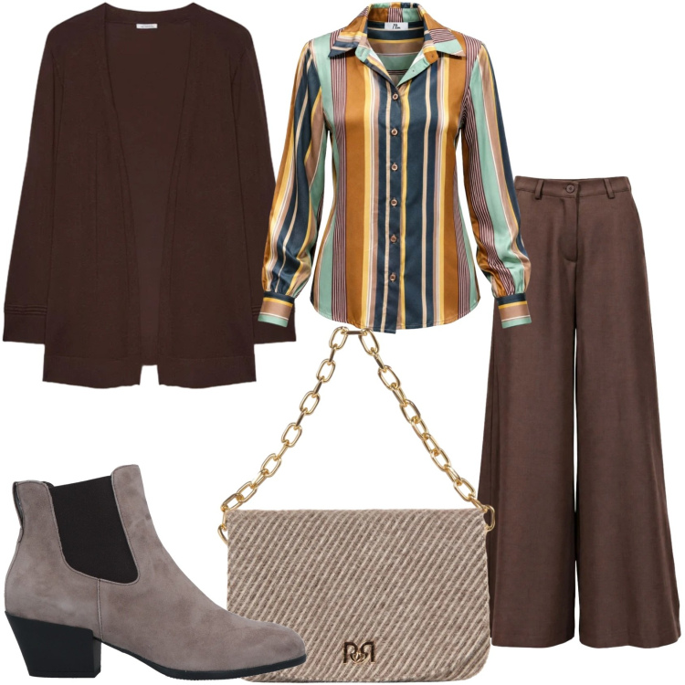 Outfit donna - Una giornata meravigliosa. Stile Casual chic per Tutti i giorni. Abbinamento con pantaloni a palazzo, camicie, cardigans, borse a spalla, stivaletti chelsea.