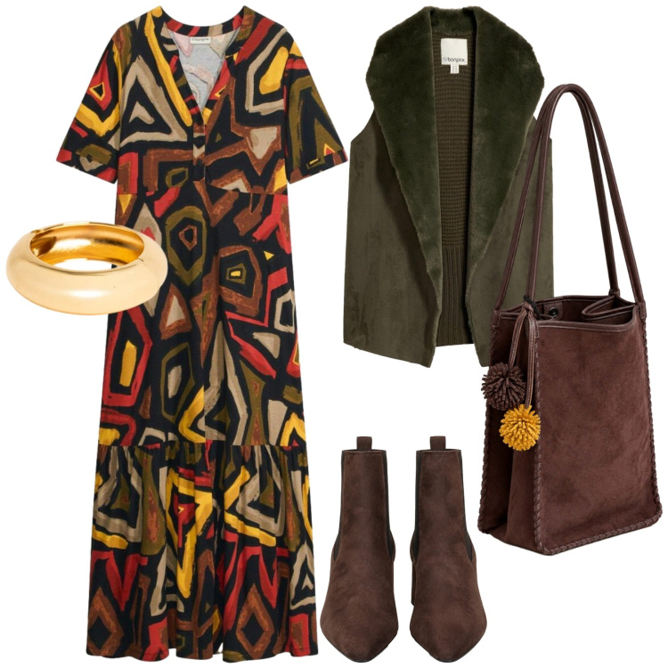 Outfit donna - Chic autunnale Boho. per Tutti i giorni. Abbinamento con borse a spalla, braccialetti, stivaletti, vestiti lunghi, piumini.