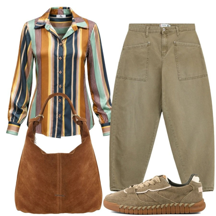 Outfit donna - La camicia colorata. Stile Trendy per Ufficio. Abbinamento con camicie, borse a spalla, pantaloni, sneakers.
