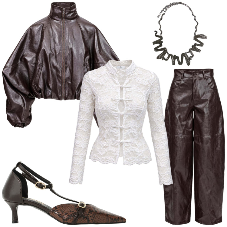 Outfit donna - Marrone. Stile Casual per Tutti i giorni. Abbinamento con pantaloni a palazzo, top, bomber, décolleté, ciondoli.