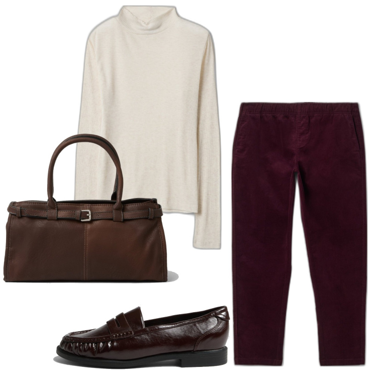 Outfit mujer - Basic look. Estilo Basic para Todos los días. Combinación con bolsos de mano, camiseta, mocasines, pantalones.