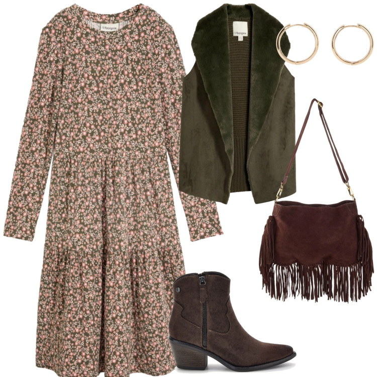 Outfit donna - Stile boho. per Tutti i giorni. Abbinamento con vestiti midi/longuette, piumini, borse a tracolla, orecchini, stivaletti texani.