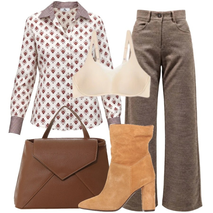 Outfit donna - Toni caldi. Stile Sporty chic per Ufficio. Abbinamento con camicie, pantaloni, borse a mano, reggiseni, stivaletti.