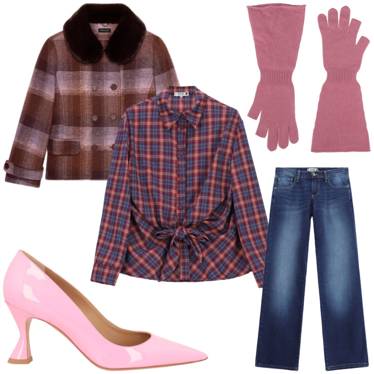 Outfit donna - Casual. Stile Casual per Tutti i giorni. Abbinamento con cappotti, jeans dritti, camicie, décolleté, guanti.