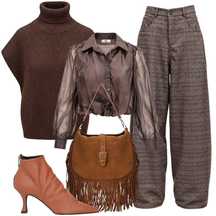 Outfit donna - Linee morbide di sera. Stile Trendy per Serata fuori. Abbinamento con pantaloni, camicie, maglieria, borse a spalla, stivaletti.