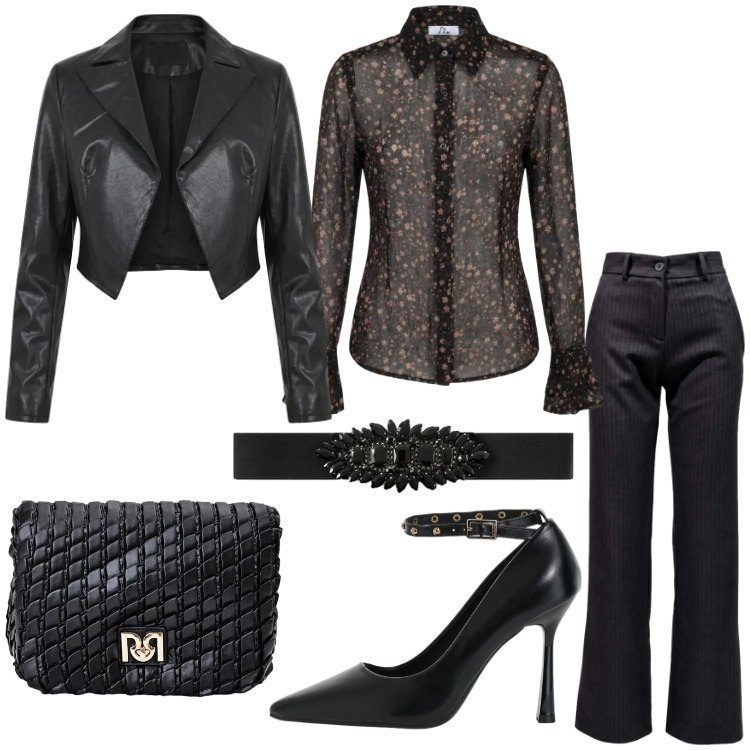 Outfit donna - Serata elegante. Stile Chic per Serata fuori. Abbinamento con camicie, pantaloni, décolleté, cinture, blazer, borse a tracolla.