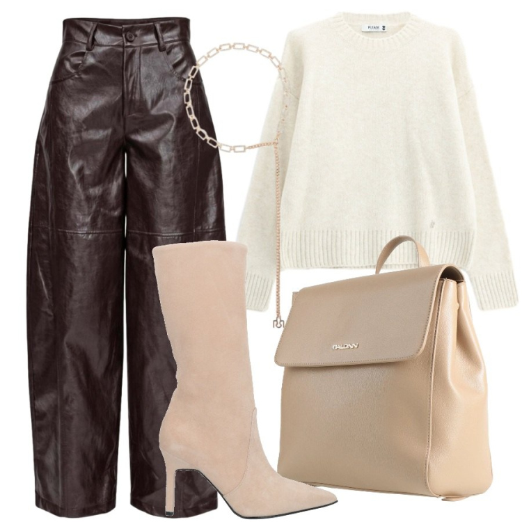 Outfit donna - I am. Stile Casual chic per Ufficio. Abbinamento con pantaloni a palazzo, maglieria, cinture, zaini, stivali.