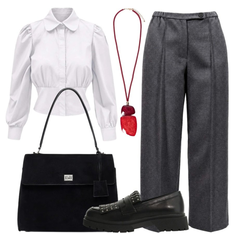 Outfit donna - La scarpa rock in ufficio. Stile Sporty chic per Ufficio. Abbinamento con pantaloni, camicie, mocassini, ciondoli, borse a mano.