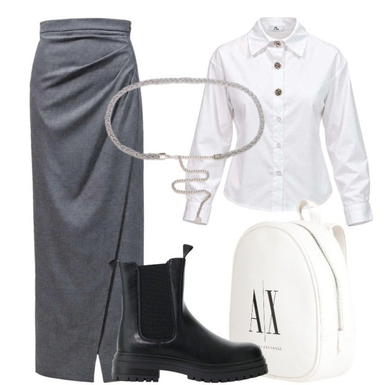 Outfit donna - Rock moderno. Stile Trendy per Ufficio. Abbinamento con gonne lunghe, camicie, stivaletti chelsea, cinture, zaini.