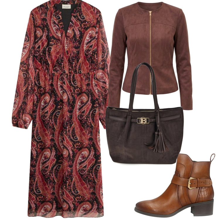 Outfit donna - Chic boho. per Ufficio. Abbinamento con blazer, stivaletti, shopping bag, vestiti midi/longuette.