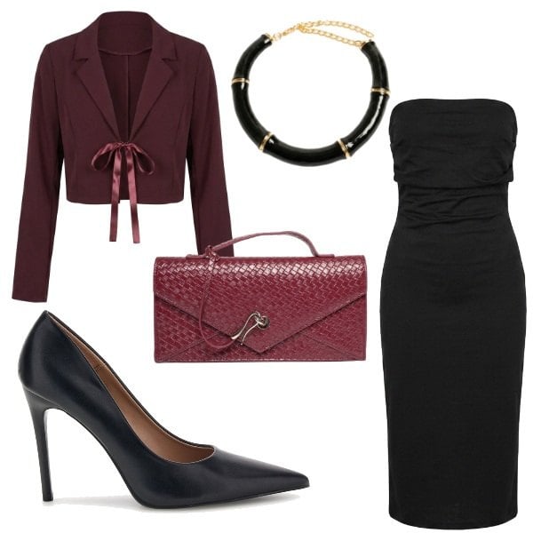 Outfit donna - Morticia. Stile Glamour per Serata fuori. Abbinamento con vestiti midi/longuette, collane, blazer, clutch, décolleté.