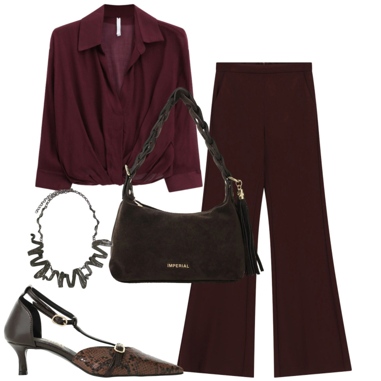 Outfit donna - Elegante. Stile Casual chic per Tutti i giorni. Abbinamento con camicie, pantaloni, borse a spalla, décolleté, ciondoli.