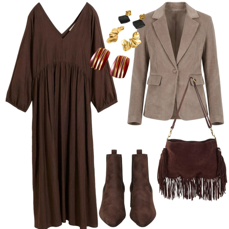 Outfit donna - Stile boho. per Ufficio. Abbinamento con blazer, orecchini, stivaletti, vestiti lunghi, borse a tracolla.