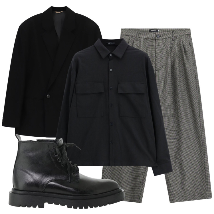 Outfit uomo - Il look di F.. Stile Trendy per Serata speciale. Abbinamento con pantaloni, giacche, anfibi, camicie.