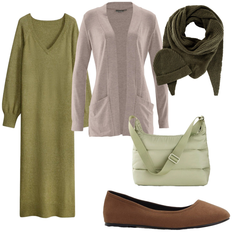 Outfit donna - Total look #2494945. Stile Casual per Tutti i giorni. Abbinamento con cardigans, sciarpe, ballerine, vestiti midi/longuette, borse a tracolla.