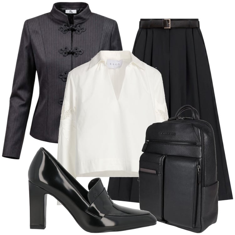 Outfit donna - Per L’ufficio. Stile Chic per Ufficio. Abbinamento con blazer, pantaloni a palazzo, zaini, mocassini, top.