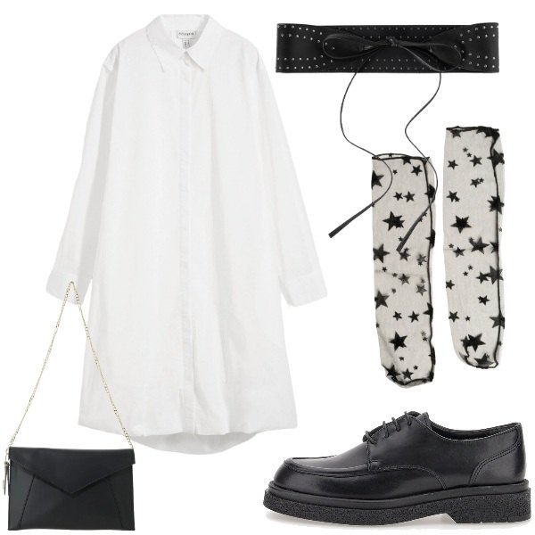 Outfit donna - Samara. Stile Preppy per Serata fuori. Abbinamento con borse a tracolla, calzini, cinture, vestiti chemisier, scarpe stringate.