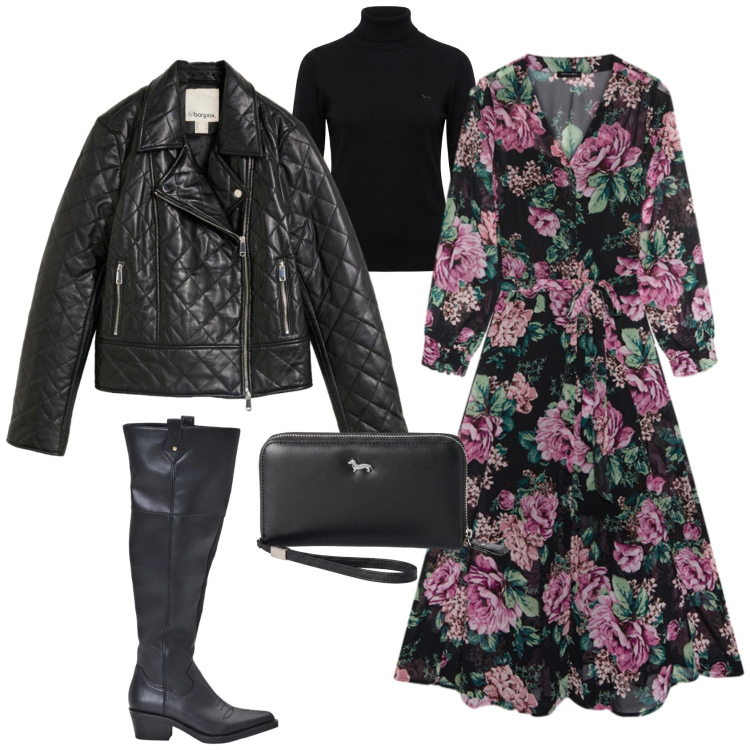 Outfit donna - Boho chic serata speciale. Stile Boho per Serata fuori. Abbinamento con portafogli, pullovers, vestiti midi/longuette, stivali, giacche.