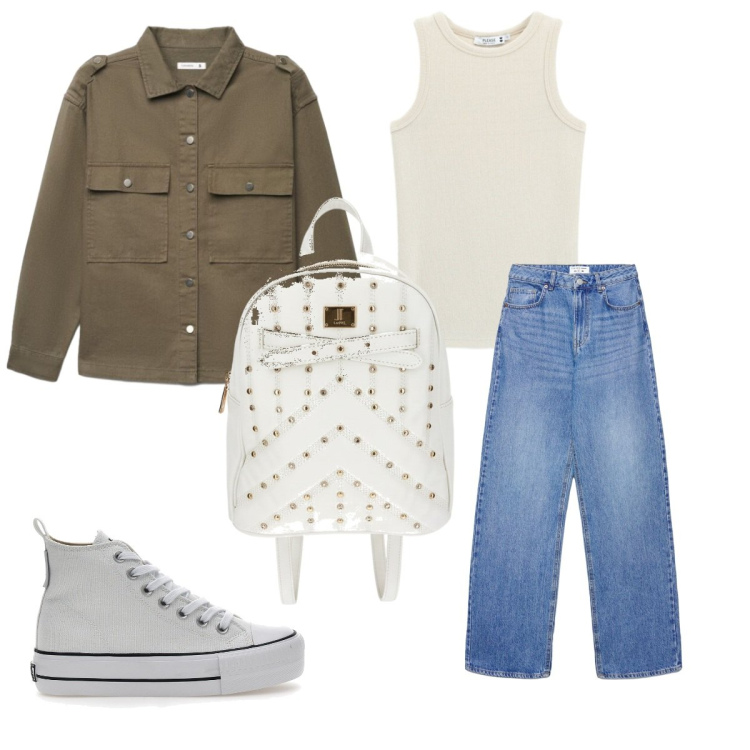 Outfit donna - Gita. Stile Casual per Tutti i giorni. Abbinamento con canottiere, jeans, cappotti, sneakers alte, zaini.