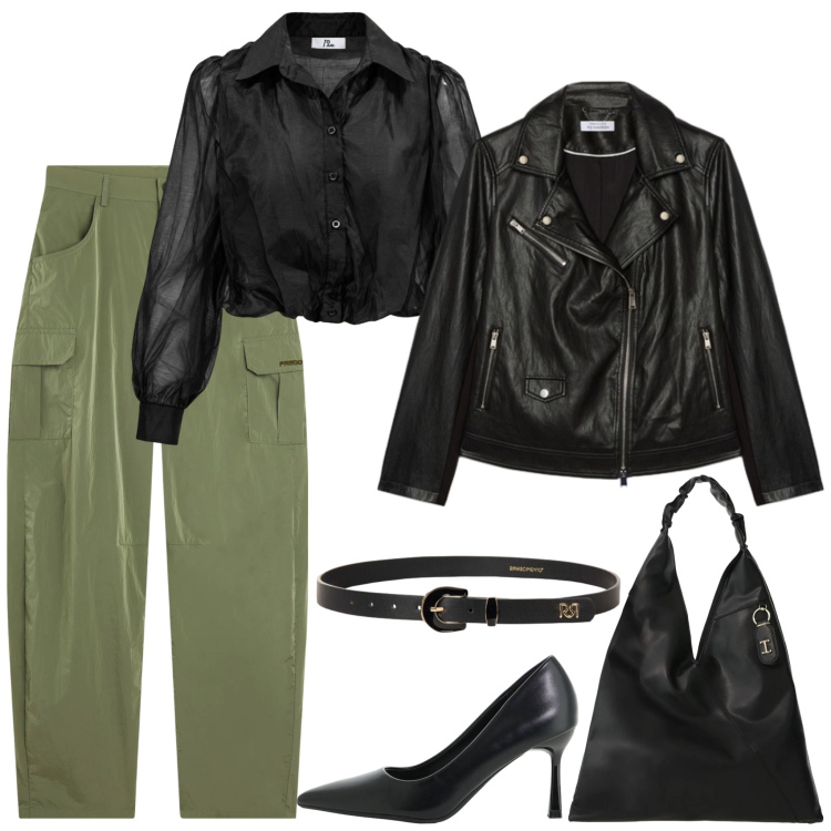 Outfit donna - I cargo verdi e la camicia nera in voile. Stile Trendy per Serata fuori. Abbinamento con camicie, décolleté, borse a spalla, giacche, pantaloni cargo, cinture.